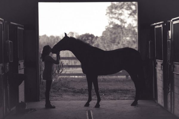 girl and horse in dark barn